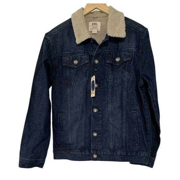 Axel Rooney Sherpa Collar Premium Trucker Navy Blue Denim Jacket Men’s Medium - Picture 1 of 8